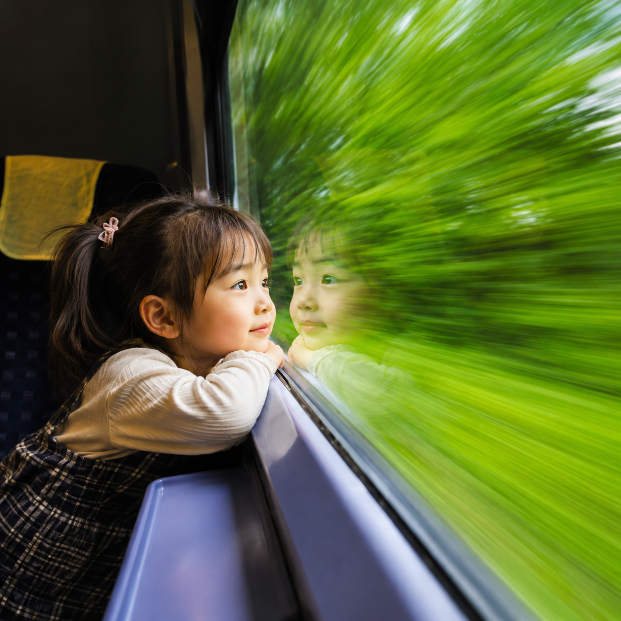 孩子在行進間的公車上望向窗外綠意,象徵東籬對永續的關注